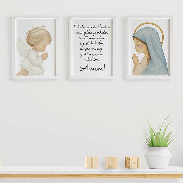 Quadros para quarto de bebê Santo Anjo com Anjinho Rezando Nossa Senhora