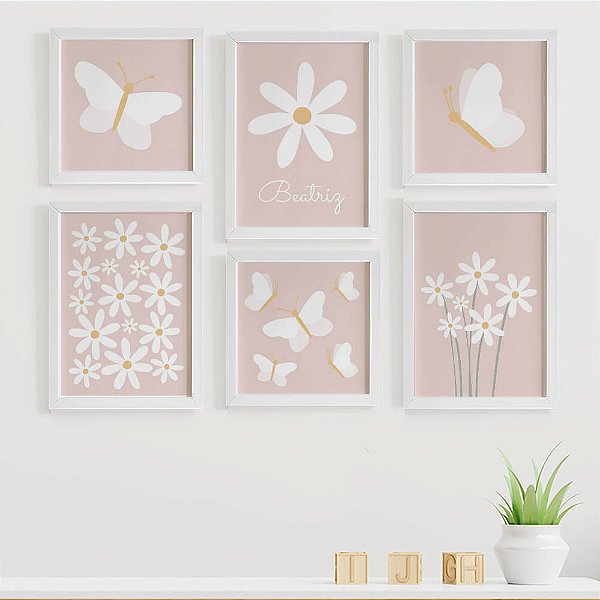 Quadros para quarto de bebê Margaridas e Borboletas com Nome