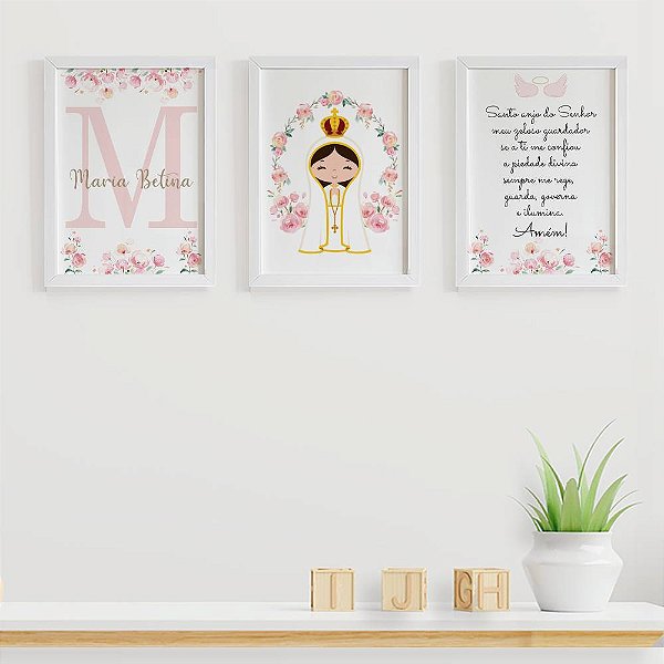 Quadros para quarto de bebê Nossa Senhora de Fátima e Santo Anjo com Inicial e Nome