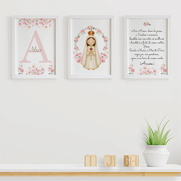 Quadros para quarto de bebê Nossa Senhora de Fátima e Ave Maria com Inicial e Nome
