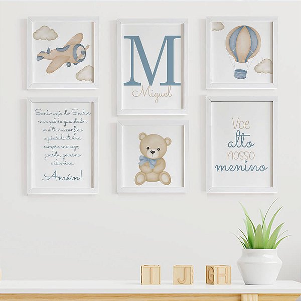 Quadros para quarto de bebê Ursinho Aviador Santo Anjo Inicial e Nome