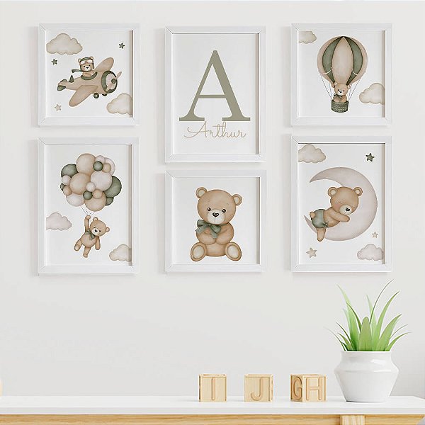 Quadros para quarto de bebê Ursinho Aviador com Inicial e Nome