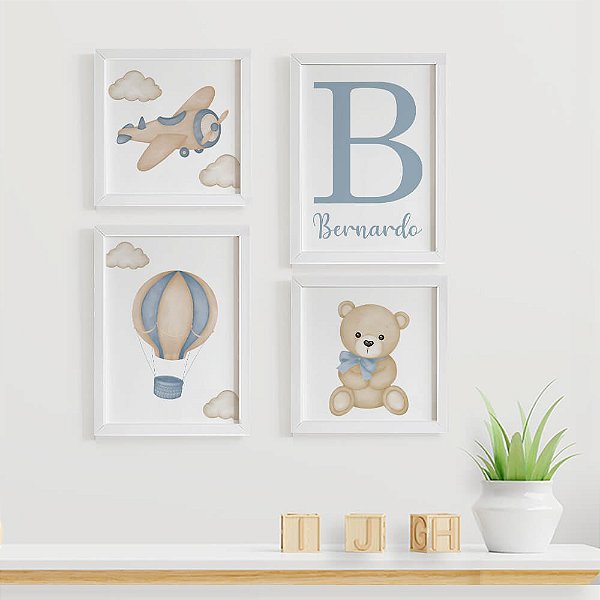 Quadros para quarto de bebê Avião Balão Ursinho com Inicial e Nome