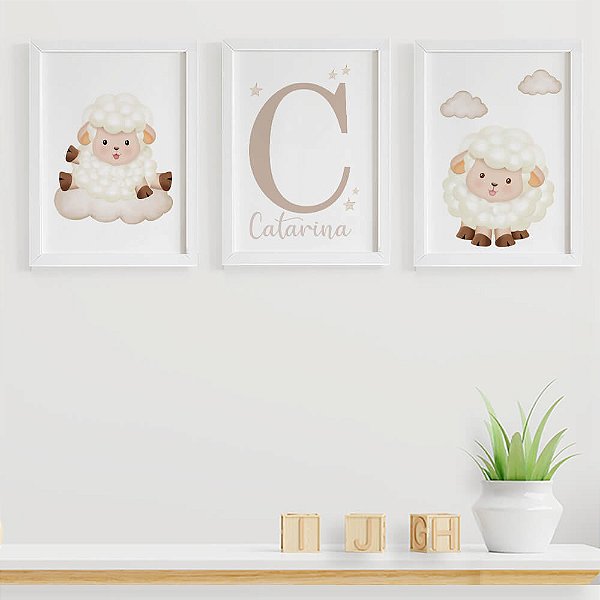 Quadros para quarto de bebê Ovelhinhas Nuvem com Inicial e Nome
