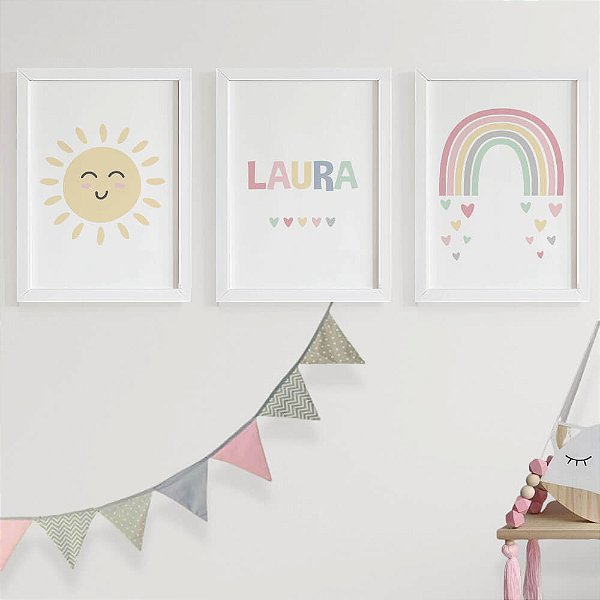 Quadros para quarto de bebê Sol Nome e Arco íris