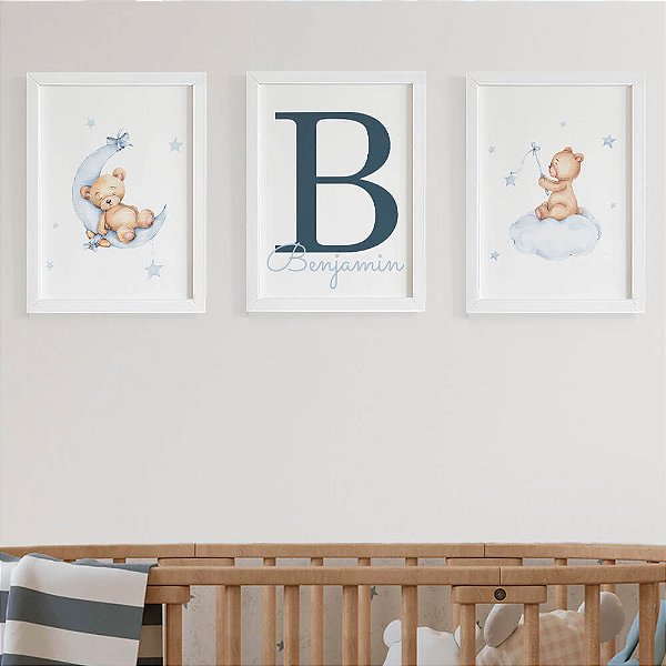 Quadro para quarto de bebê Ursinho Nuvem com Inicial e Nome