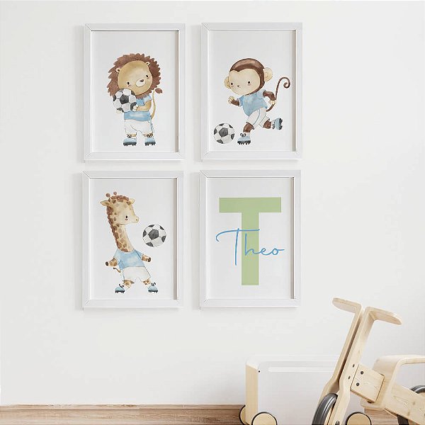 Quadros para quarto de bebê Futebol Animais com Inicial e Nome
