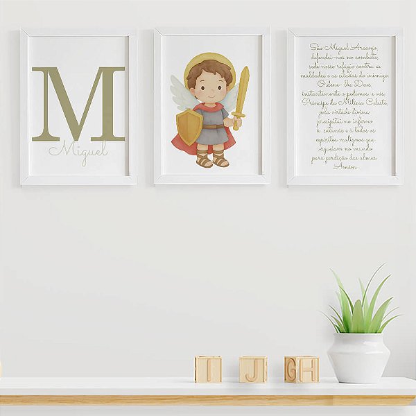 Quadros para quarto de bebê São Miguel Arcanjo com Inicial e Nome