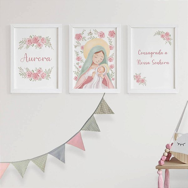 Quadros para quarto de bebê Nossa Senhora com Nome e Frase Consagrada a Nossa Senhora
