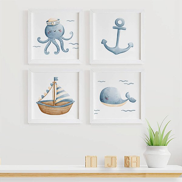 Quadros para quarto de bebê Fundo do Mar Polvo Baleia Âncora e Barco