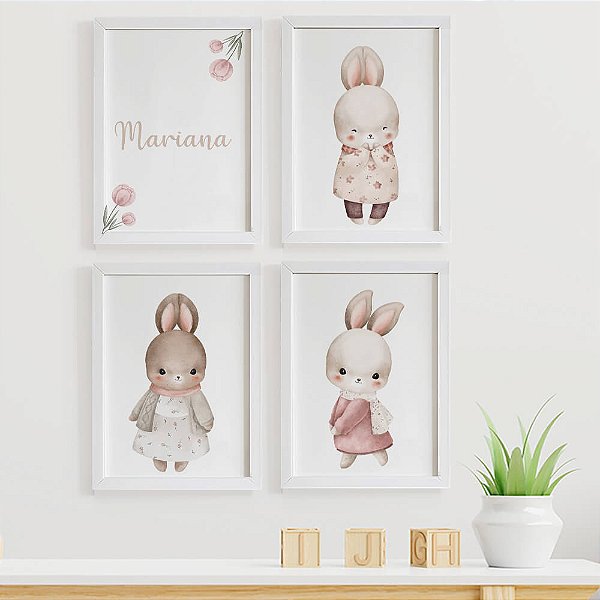 Quadros para quarto de bebê Coelhinhas com Nome Personalizado