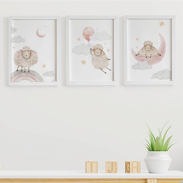 Quadros para quarto de bebê Ovelhinhas Arco Íris Lua Balão