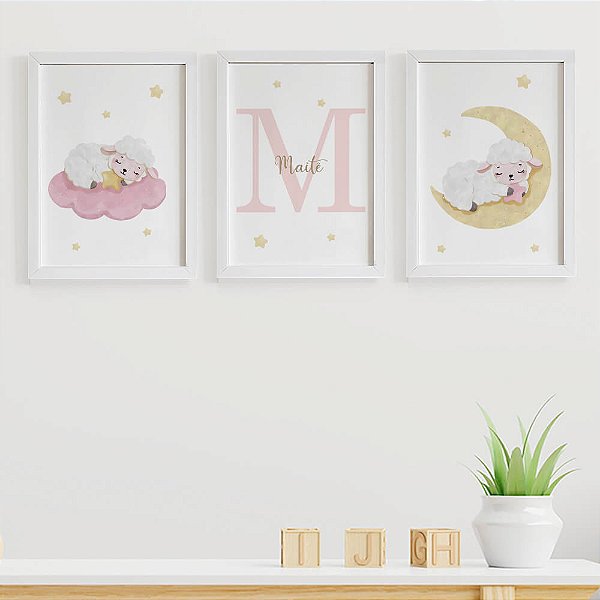Quadros para quarto de bebê Ovelhinhas Nuvem Lua com Inicial e Nome