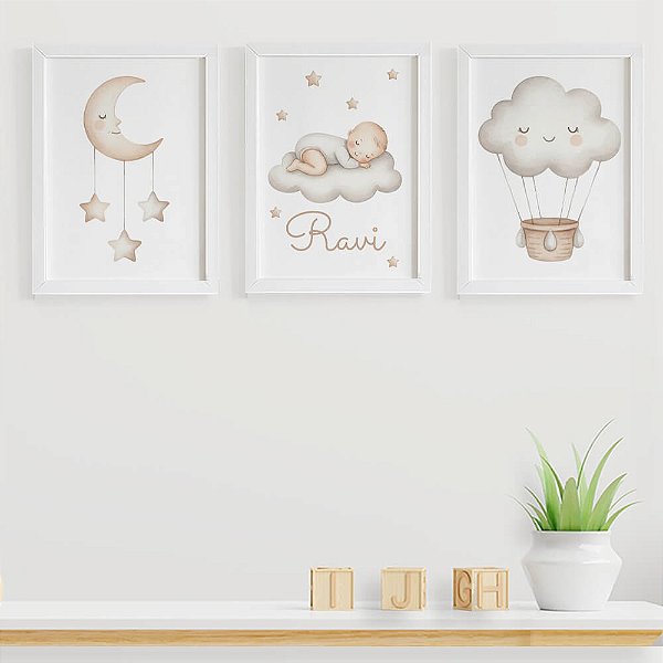 Quadros para quarto de bebê Lua Nuvem Balão com Nome