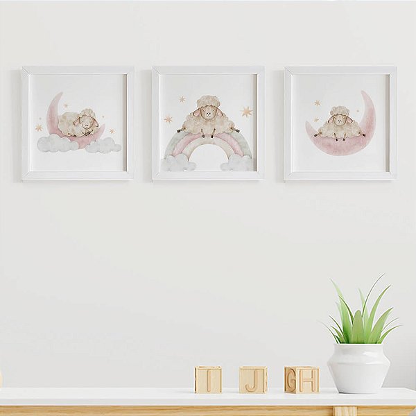 Quadros para quarto de bebê Ovelhinhas Lua Arco Íris