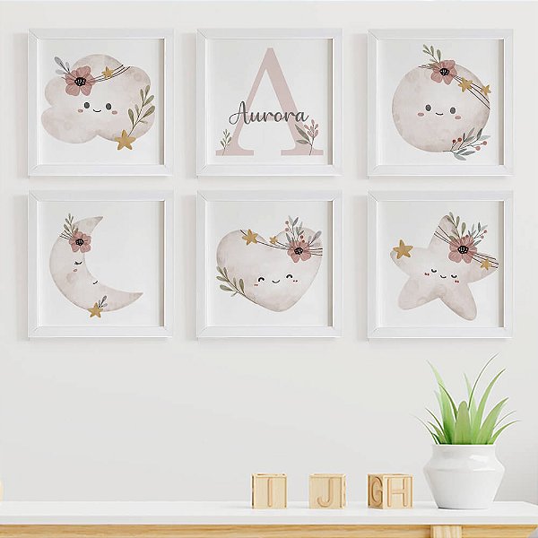 Quadros para quarto de bebê Lua Nuvem e Estrela com Inicial e Nome