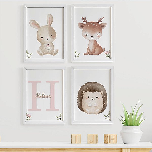 Quadros para quarto de bebê Animais Bosque com Inicial e Nome