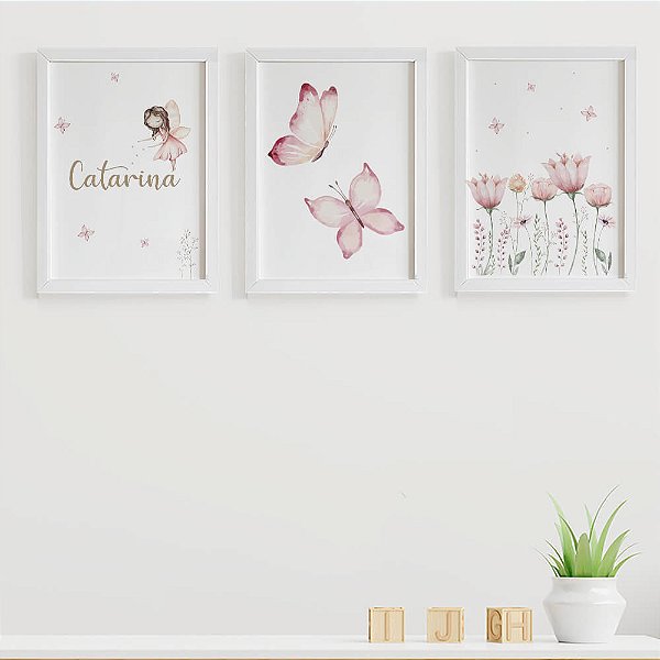 Quadros para quarto de bebê Flores e Fada com Nome