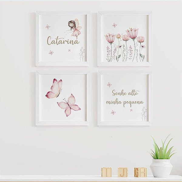 Quadros para quarto de bebê Flores Fada Sonhe Alto com Nome