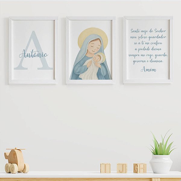 Quadros para quarto de bebê Nossa Senhora e Santo Anjo com Inicial e Nome