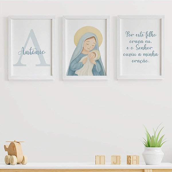 Quadros para quarto de bebê Nossa Senhora e Por este Filho com Inicial e Nome