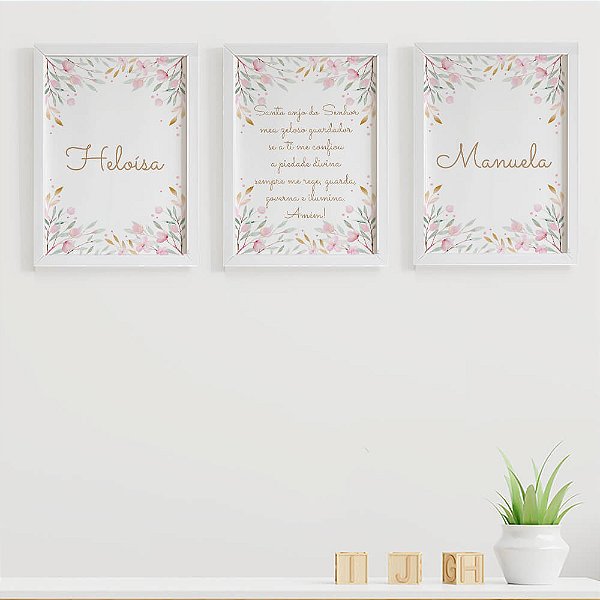 Quadros para quarto de bebê Santo Anjo com Flores e Nomes