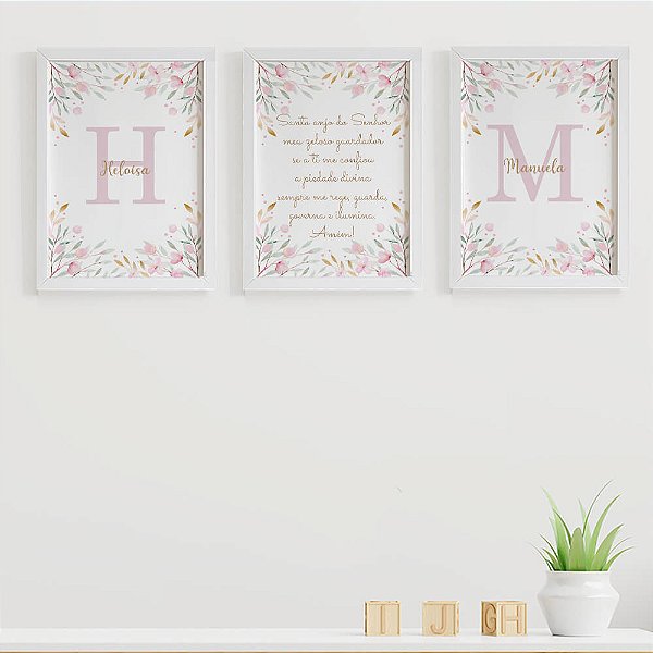 Quadros para quarto de bebê Santo Anjo com Flores e Nomes