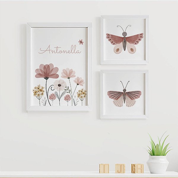 Quadros para quarto de bebê Flores e Borboletas com Nome