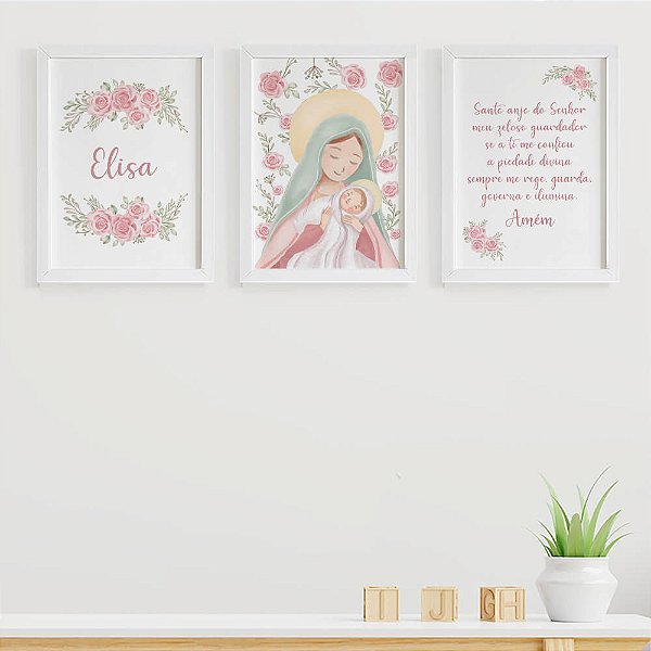 Quadros para quarto de bebê Nossa Senhora e Santo Anjo com Nome