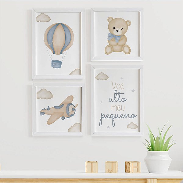 Quadros para quarto de bebê Ursinho Aviador Balão Voe Alto