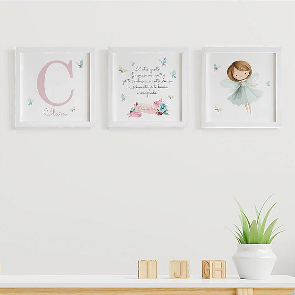 Quadros para quarto de bebê Fadinha e Borboletas com Inicial e Nome
