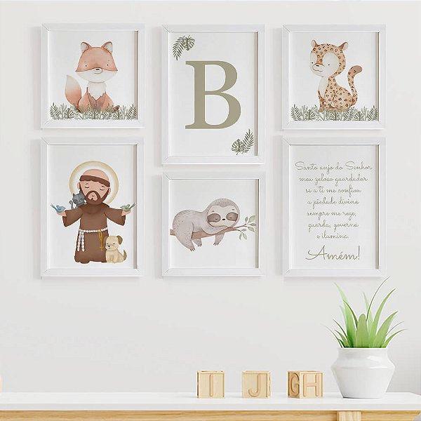 Quadros para quarto de bebê Fauna Brasileira São Francisco Santo Anjo com Inicial