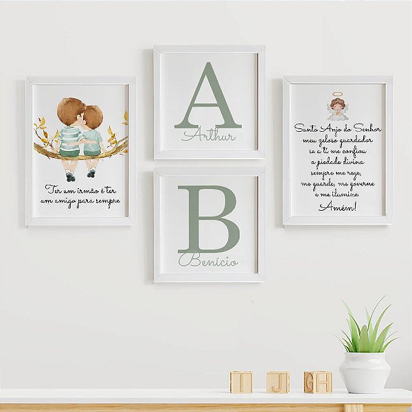 Quadros para quarto de bebê irmãos Inicial e Nome Santo Anjo