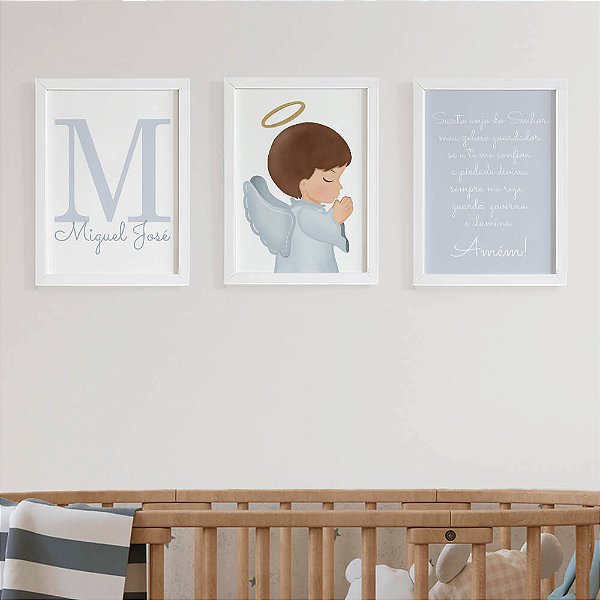 Quadros para quarto de bebê Santo Anjo Anjinho com Inicial e Nome