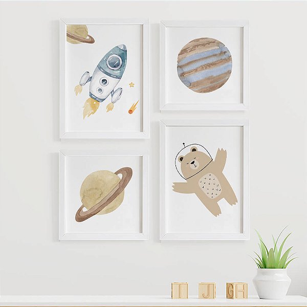 Quadros para quarto de bebê Astronauta Foguete Planetas e Urso