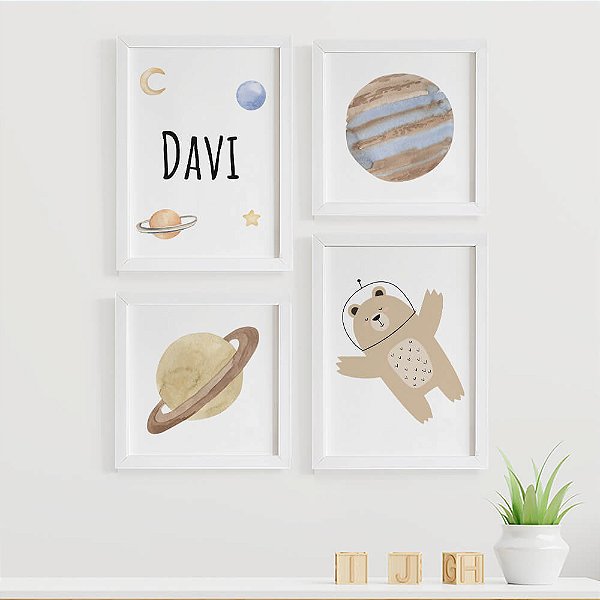 Quadros para quarto de bebê Astronauta Planetas e Urso com Nome Personalizado