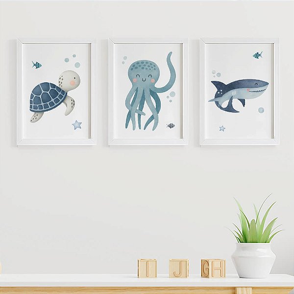 Quadros para quarto de bebê Fundo do mar Tartaruga Polvo Tubarão