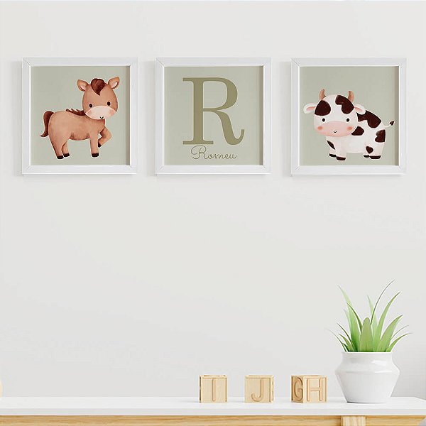 Quadros para quarto de bebê Fazendinha Cavalo Vaca Inicial e Nome