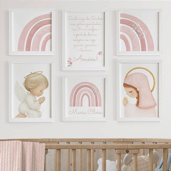Quadros para quarto de bebê Arco Íris com Nossa Senhora Santo Anjo e Nome