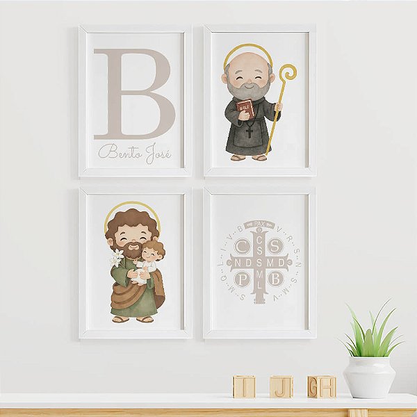 Quadros para quarto de bebê São Bento e São José com Inicial e Nome