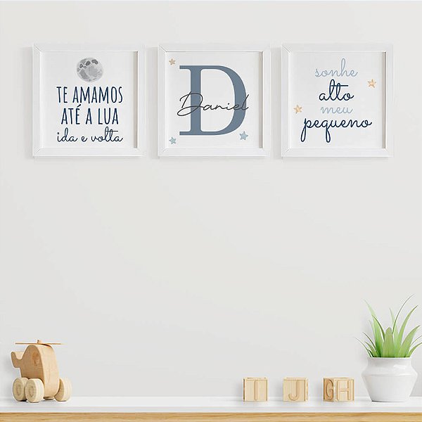Quadros para quarto de bebê Astronauta Te Amamos Até a Lua Sonhe Alto com Inicial e Nome