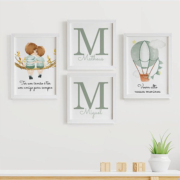 Quadros para quarto de bebê Irmãos Inicial e Nome Balão