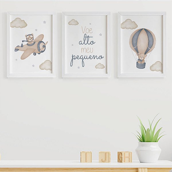 Quadros para quarto de bebê Ursinho Aviador Voe Alto Balão