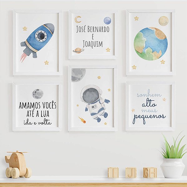 Quadros infantis para irmãos meninos Astronauta com Nomes e Frases