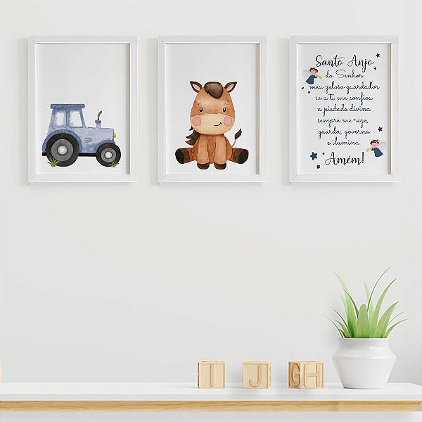 Quadros para quarto de bebê Fazendinha Trator Cavalinho e Santo Anjo