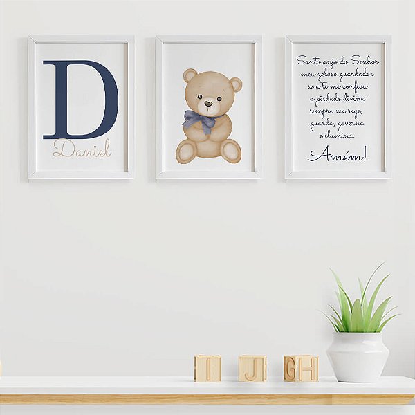 Quadros para Quarto de bebê Ursinho Oração Santo Anjo com Inicial e Nome