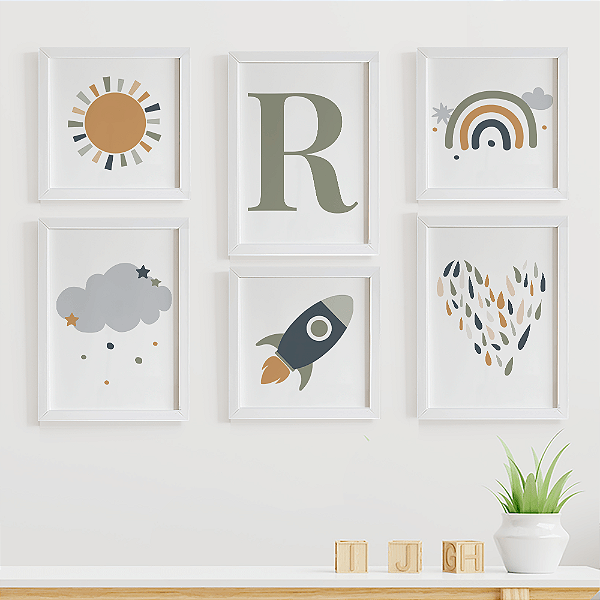 Quadros para quarto de bebê Nuvem Arco Íris Sol Foguete e Inicial