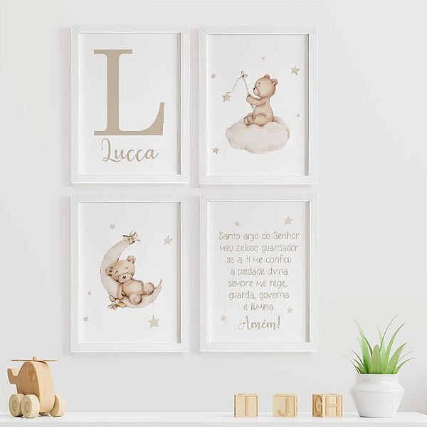 Quadros para quarto de bebê Santo Anjo Ursinhos com Inicial e Nome