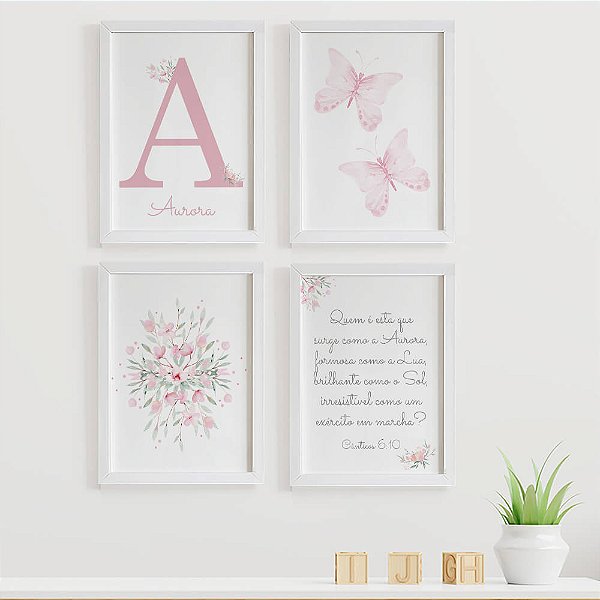 Quadros para quarto de bebê Borboletas e Flores com Inicial e Nome personalizados