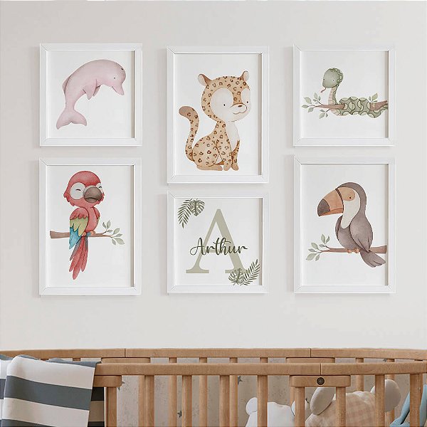 Quadros para quarto de bebê Fauna Brasileira com Inicial e Nome